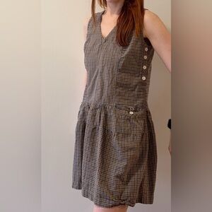Cottagecore! Liz Alig Handwoven Dress in Brown & Blue Plaid, Pockets & Buttons